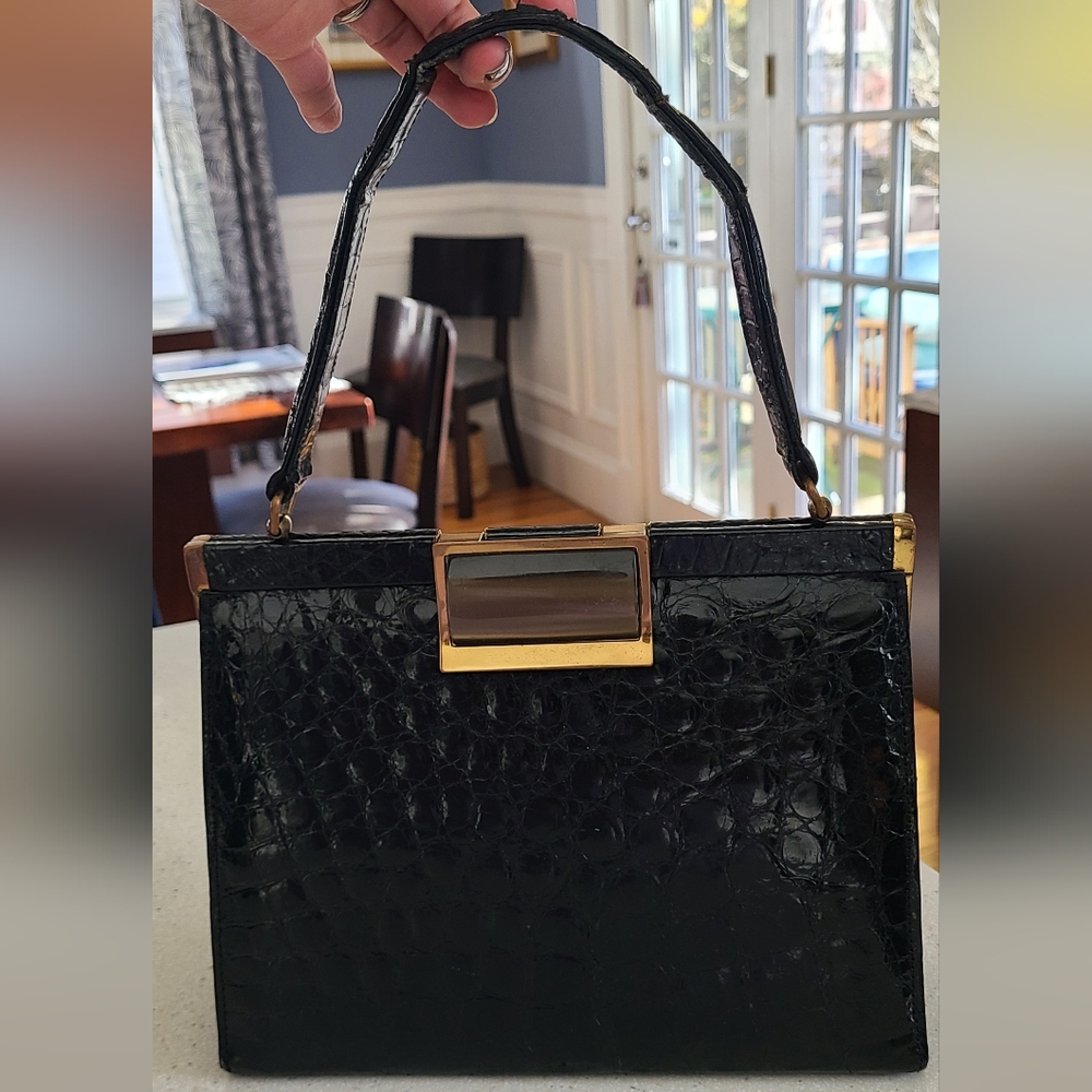 Vintage Black Crocodile-Embossed Leather Handbag